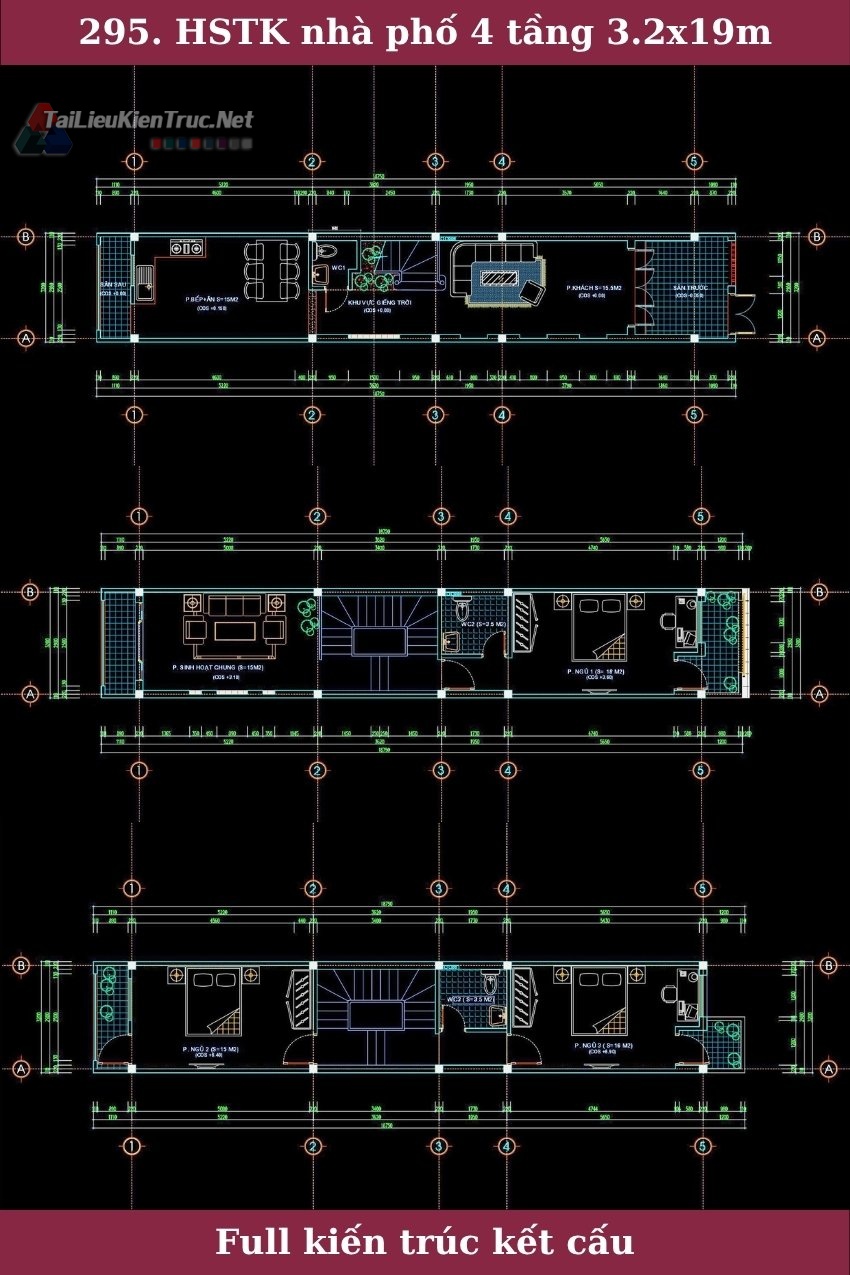 295. Hồ sơ thiết kế nhà phố 4 tầng 3.2x19m full kiến trúc kết cấu