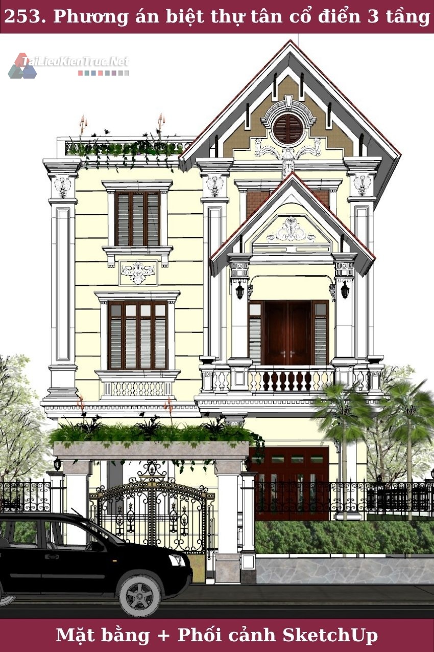 253. Hồ sơ thiết kế phương án kiến trúc biệt thự tân cổ điển 3 tầng 8x13.9m