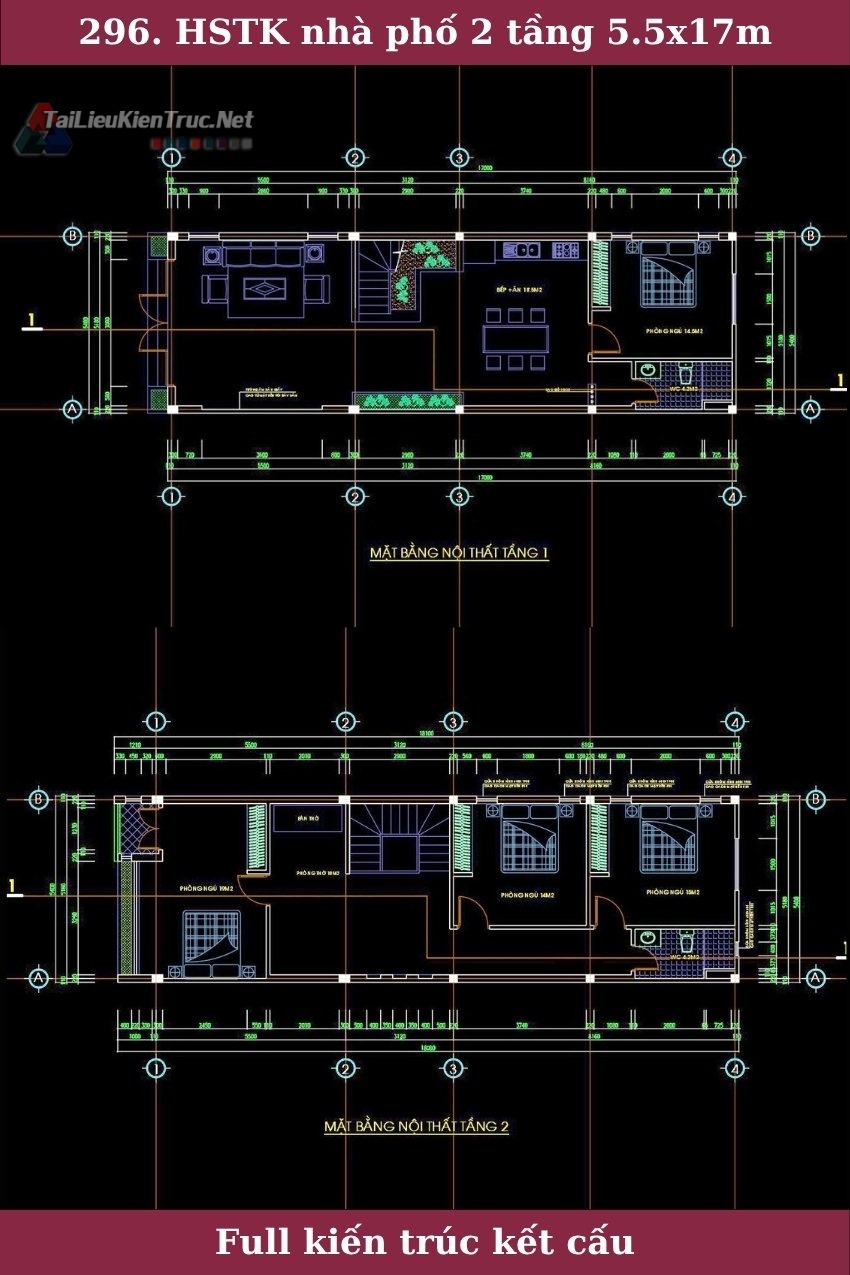 296. Hồ sơ thiết kế nhà phố 2 tầng 5.5x17m phần kiến trúc kết cấu