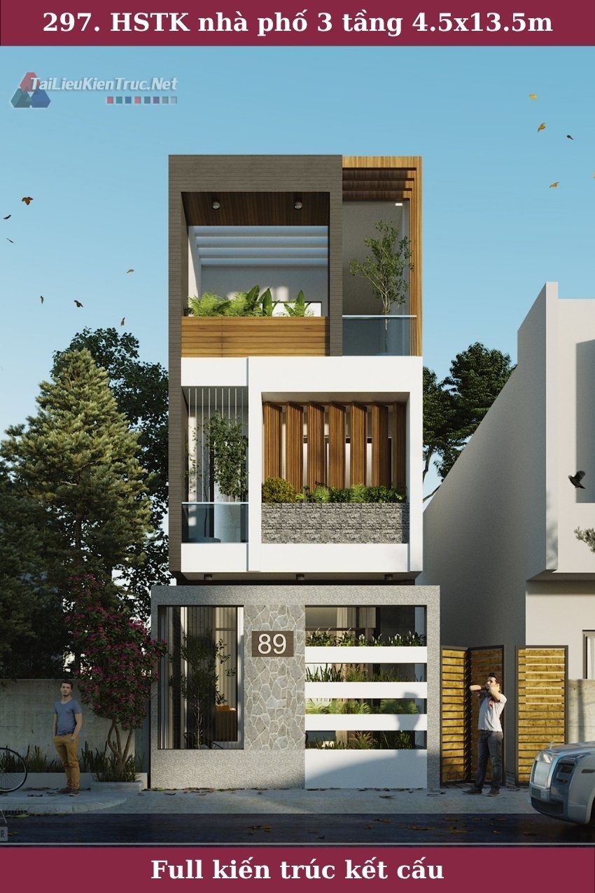 297. Hồ sơ thiết kế nhà phố 3 tầng 4.5x13.5m full kiến trúc kết cấu