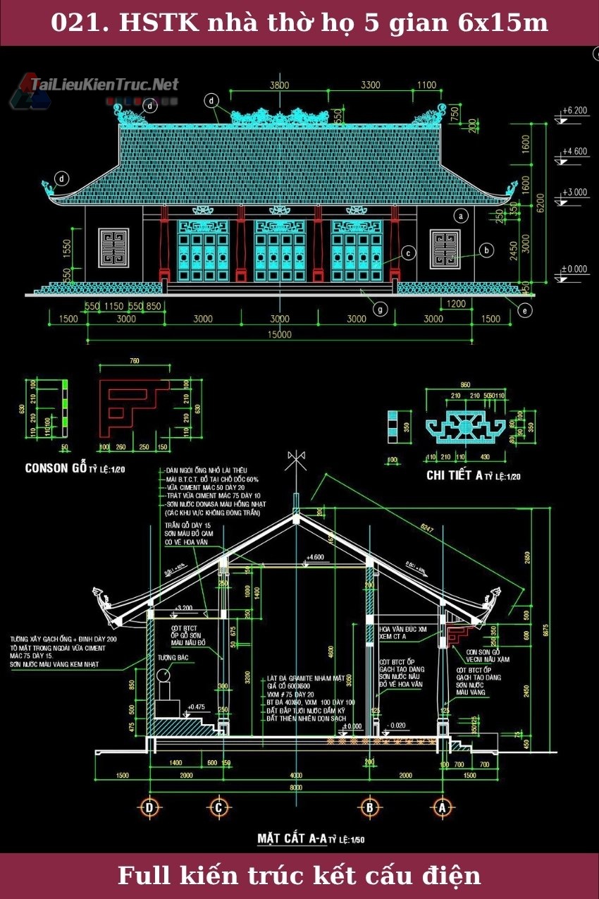 021. Hồ sơ thiết kế nhà thờ 5 gian 6x15m full kiến trúc kết cấu điện nước