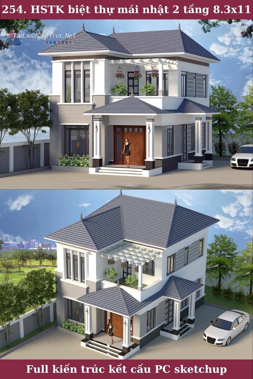 254. Hồ sơ thiết kế biệt thự mái nhật 2 tầng 8.3x11.5m full kiến trúc kết cấu phối cảnh sketchup