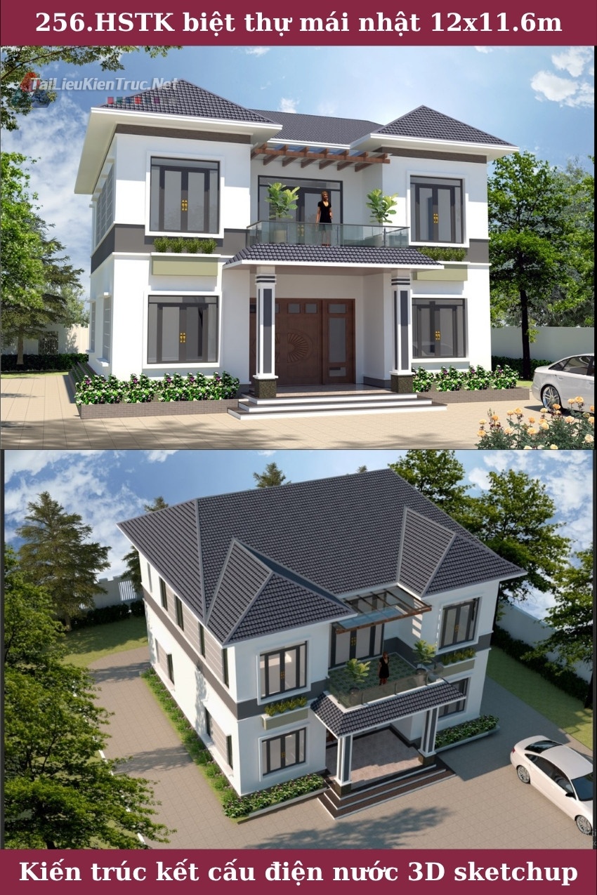 256. Hồ sơ thiết kế biệt thự mái nhật 2 tầng 12x11.6m full kiến trúc kết cấu điện nước PC sketchup