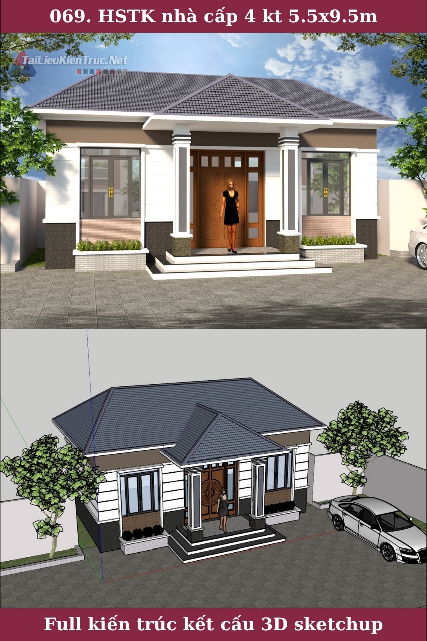 069. Hồ sơ thiết kế nhà cấp 4 kích thước 5.5x9.5m full kiến trúc kết cấu 3d sketchup