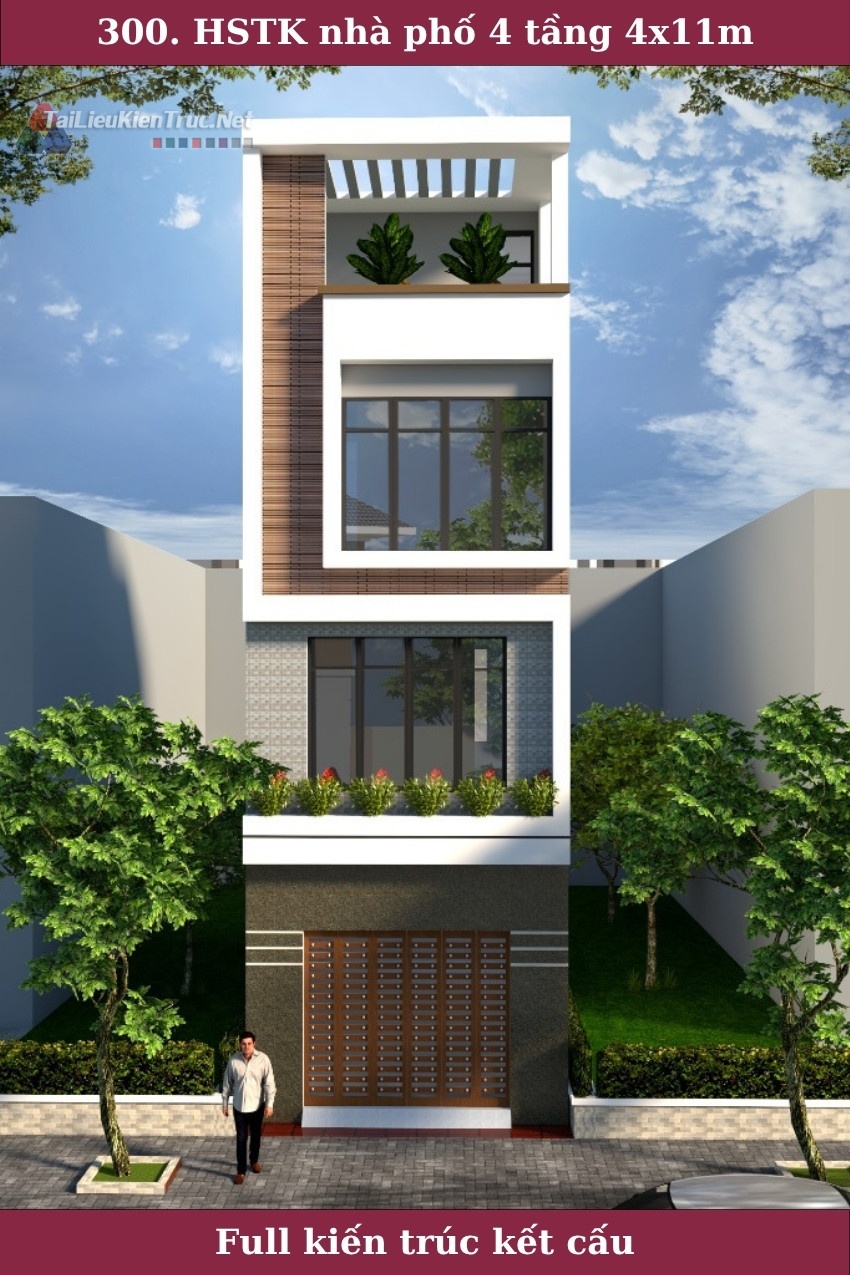 300. Hồ sơ thiết kế nhà phố 4 tầng 4x11m full kiến trúc kết cấu