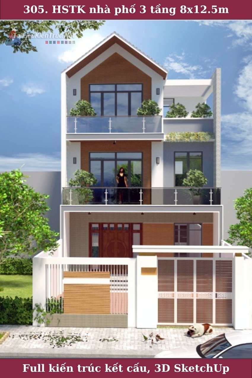 305. Hồ sơ thiết kế nhà phố 3 tầng 8x12.5m full kiến trúc kết cấu và phối cảnh sketchup