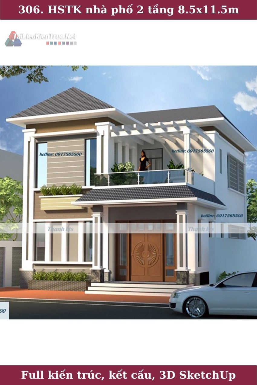 306. Hồ sơ thiết kế nhà phố 2 tầng mái nhật 8.5x11.5m full kiến trúc kết cấu và phối cảnh sketchup