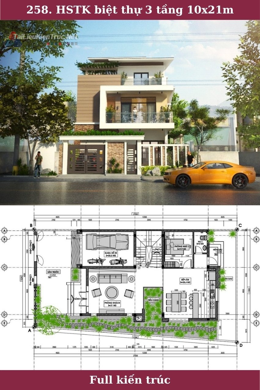 258. Hồ sơ thiết kế biệt thự 3 tầng 10x21m full kiến trúc