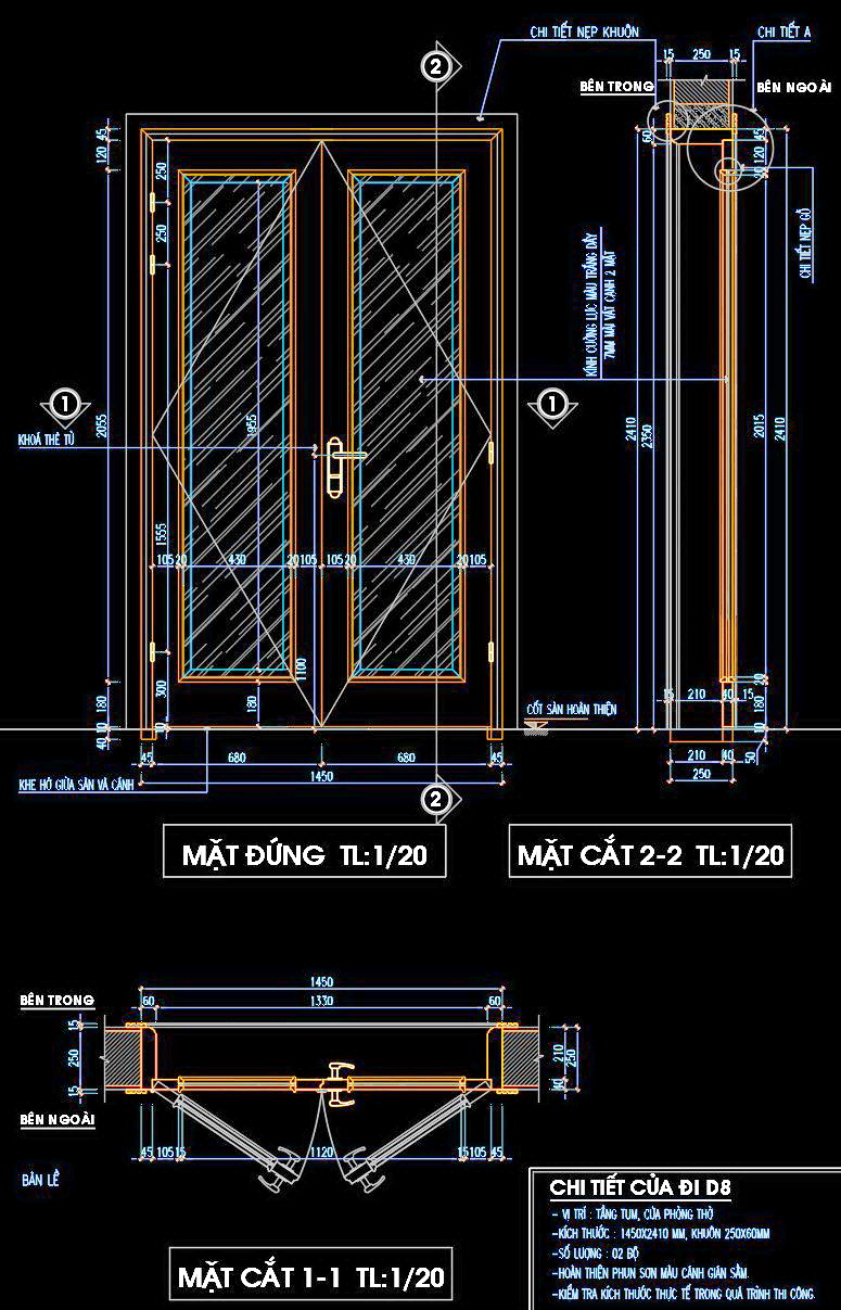 44. Bản vẽ chi tiết cửa đi 2 cánh gỗ kính 1450x2410mm
