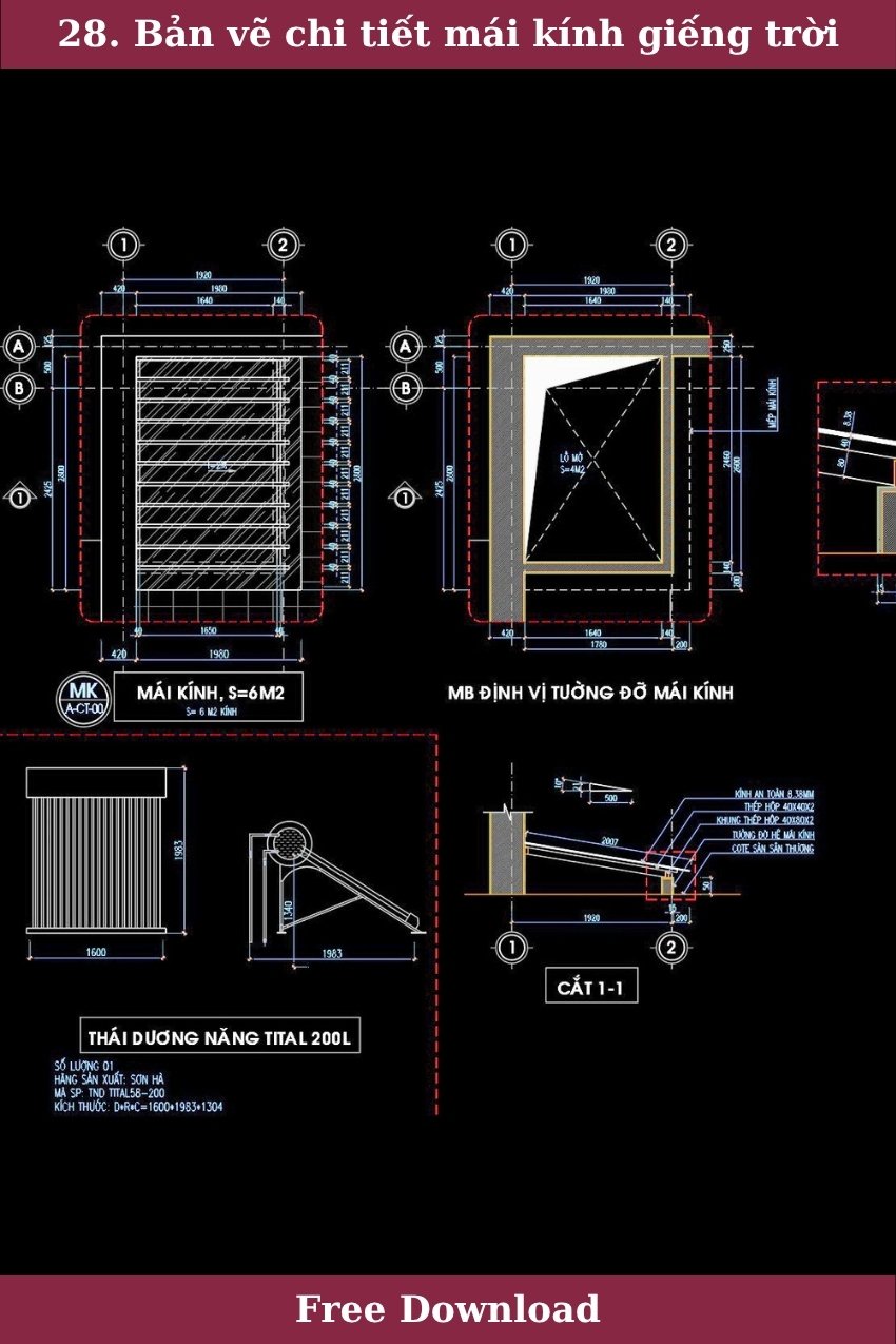 28. Bản vẽ chi tiết mái kính sân thượng miễn phí