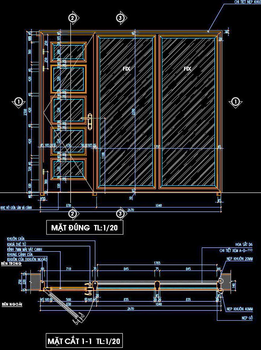 45. Bản vẽ chi tiết cửa gỗ kính khuôn đơn 2670x2380mm