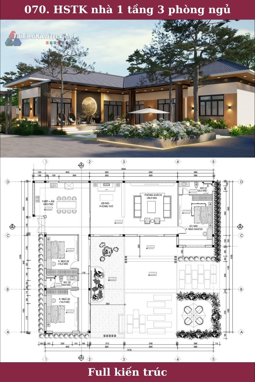 070. Hồ sơ thiết kế biệt thự 1 tầng 3 phòng ngủ full kiến trúc