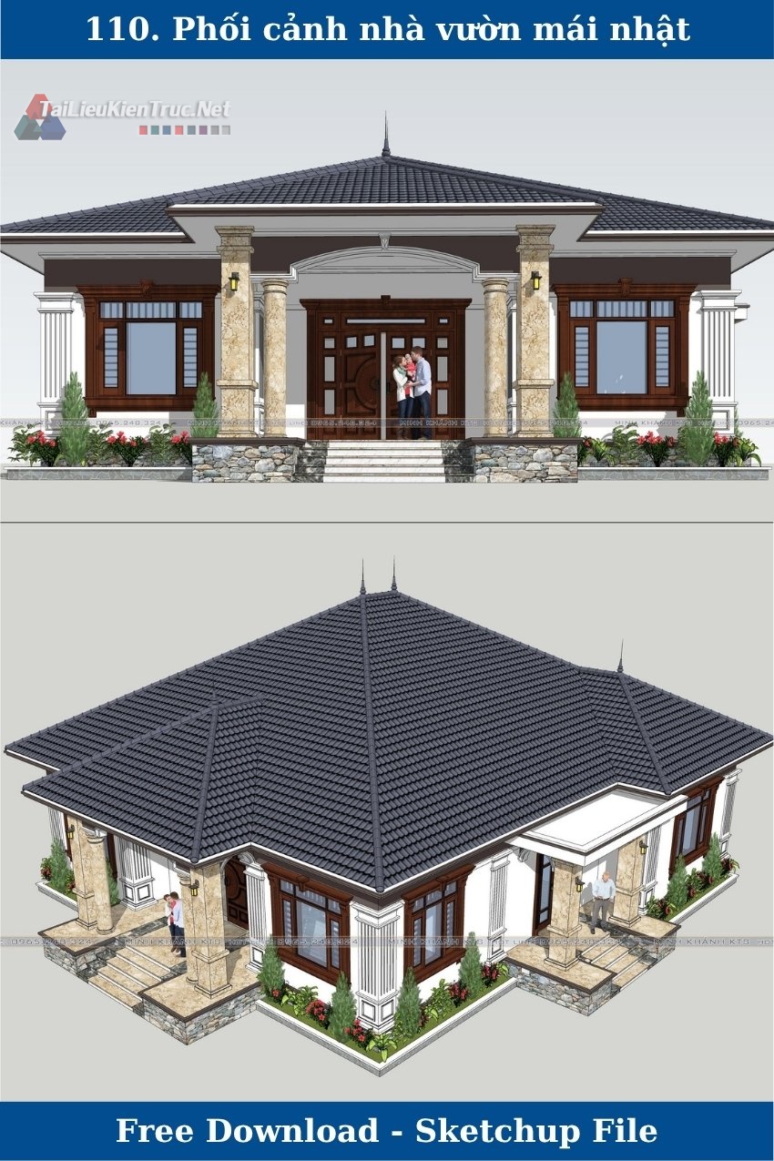 110. Phối cảnh sketchup nhà vườn 1 tầng mái nhật miễn phí tác giả Lê Minh Khánh