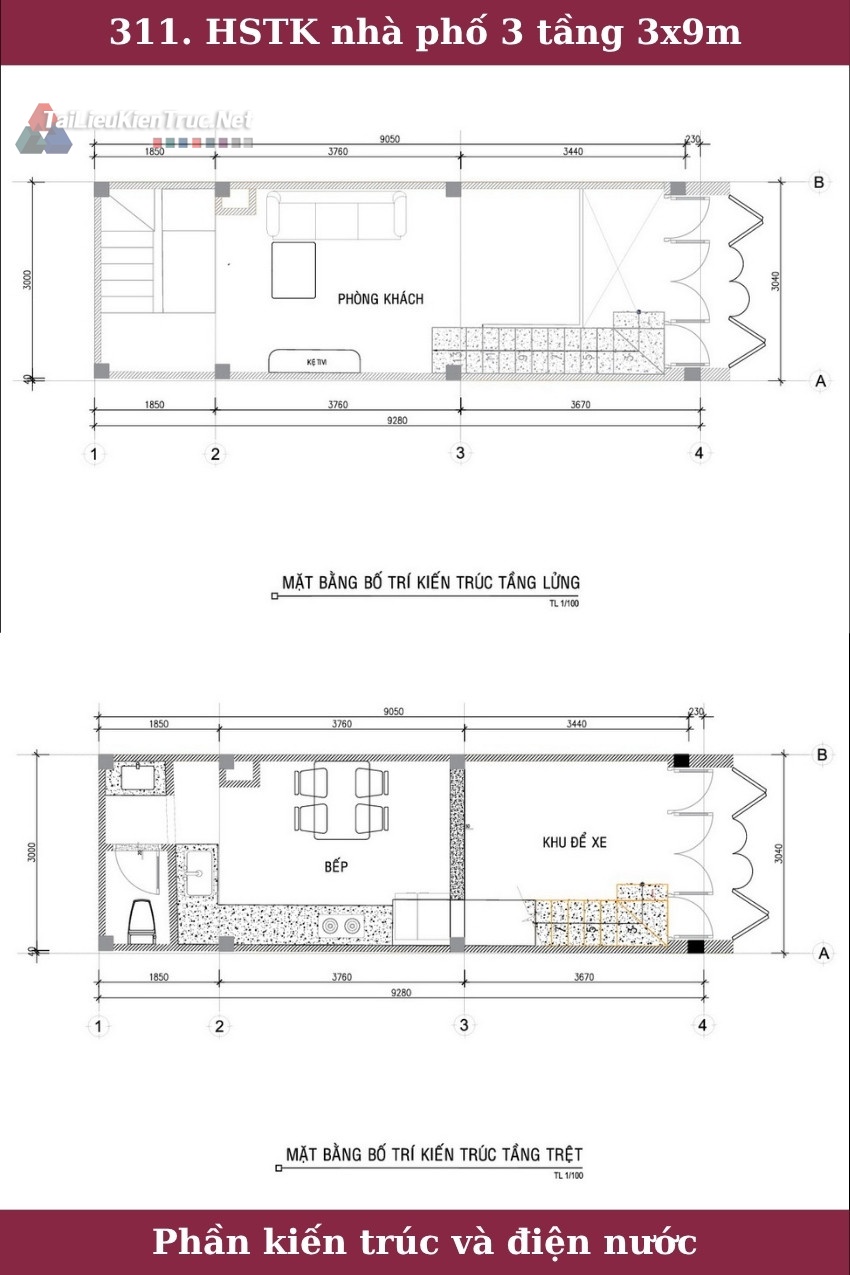 311. Hồ sơ thiết kế nhà phố 3 tầng 3x9m phần kiến trúc và điện nước