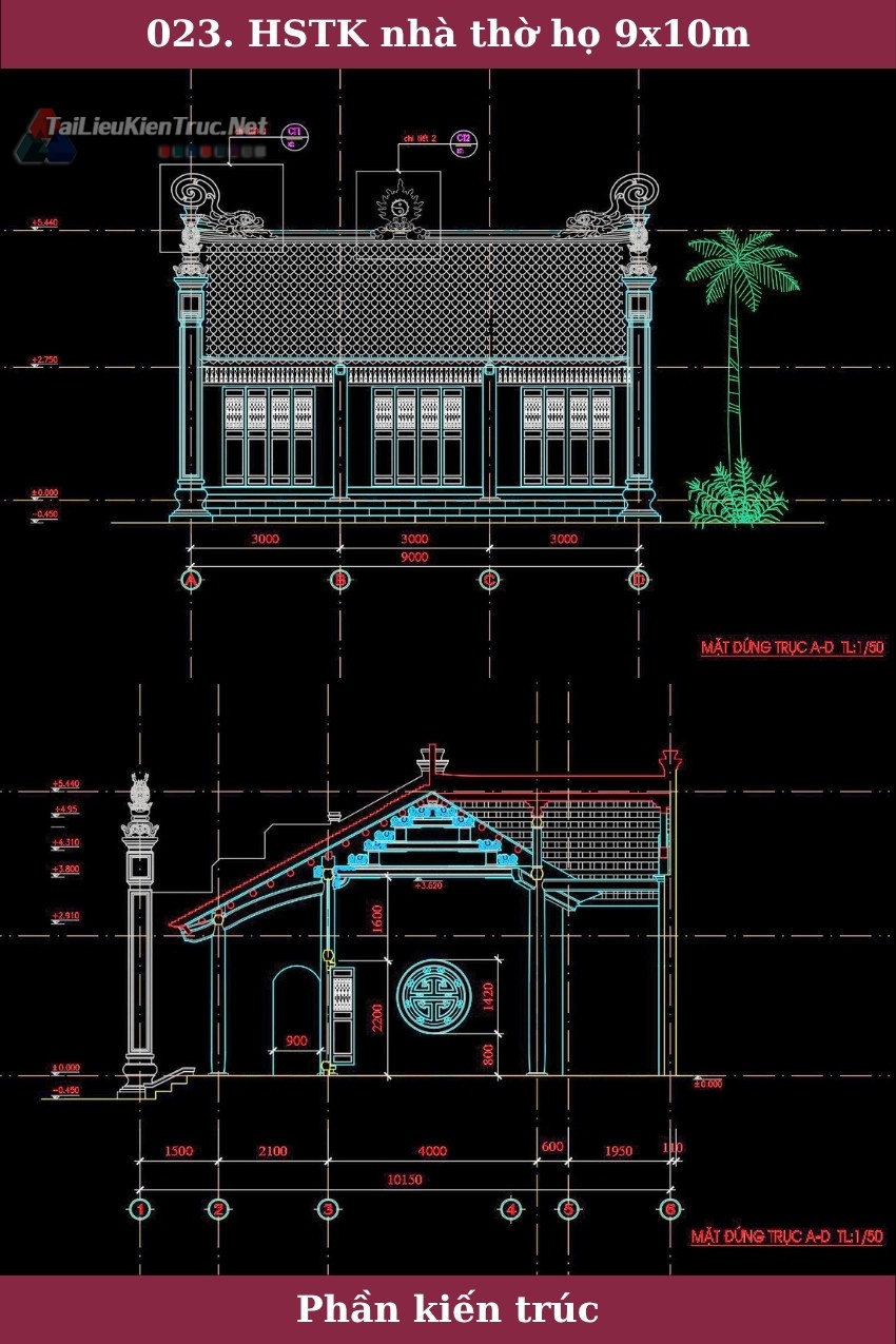 023. Hồ sơ thiết kế nhà thờ họ 3 gian kích thước 9x10m