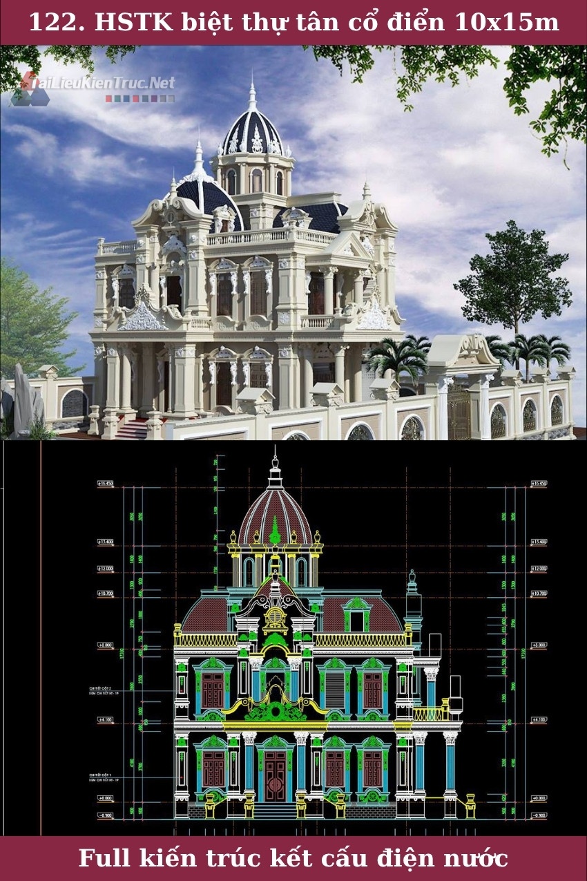  Hồ sơ thiết kế thi công biệt thự tân cổ điển 2 tầng diện tích 10x15m - 0122 full kiến trúc, kết cấu và điện nước