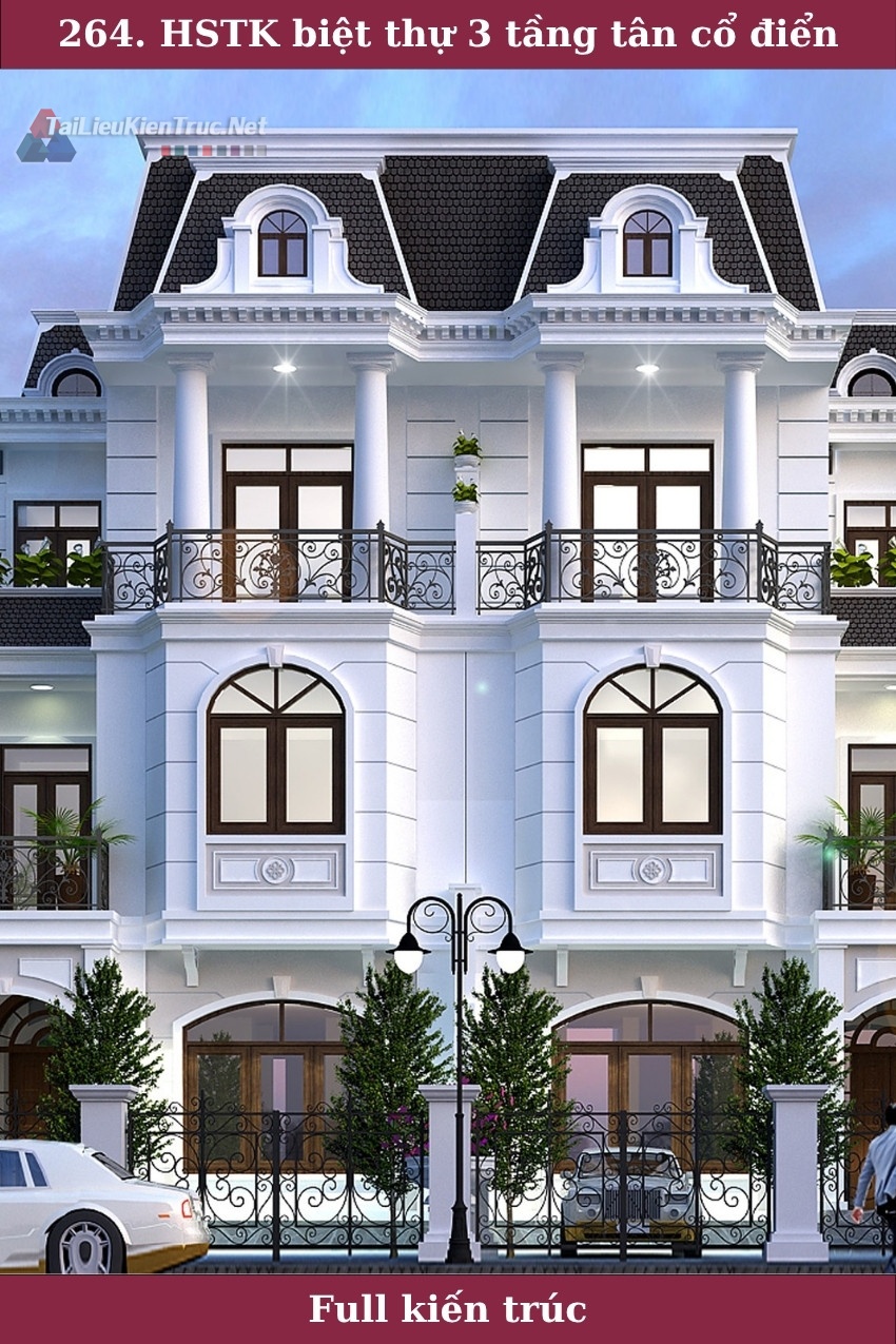 264. Hồ sơ thiết kế biệt thự song lập 3 tầng tân cổ điển 9.5x14m full kiến trúc