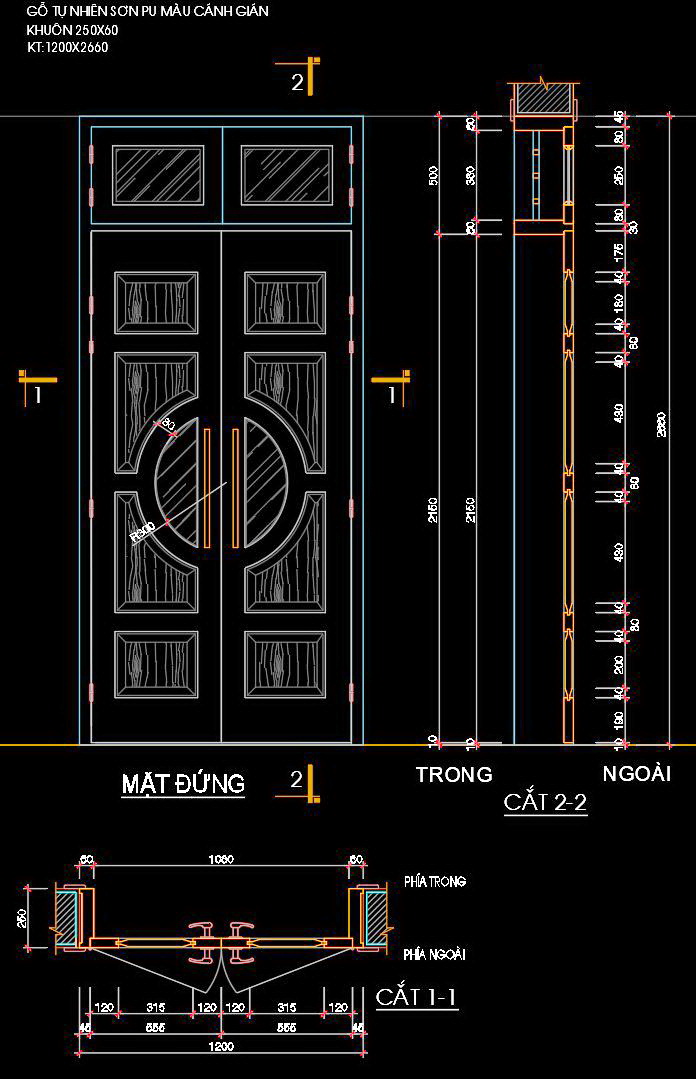 53. Bản vẽ cửa gỗ tự nhiên 2 cánh 1670x2660
