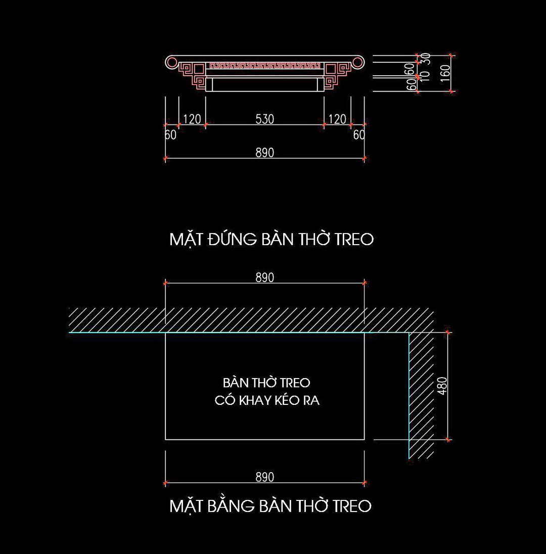 45. Bản vẽ chi tiết bàn thờ treo tường gỗ tự nhiên