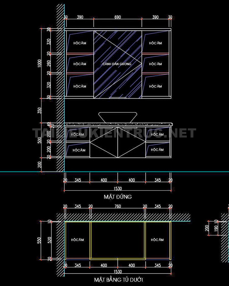 55. Bản vẽ chi tiết tủ lavabo gỗ tự nhiên 1530x550mm miễn phí