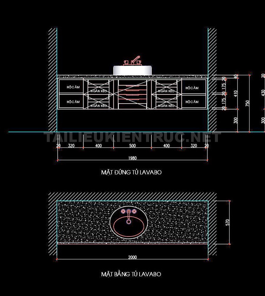 61. Bản vẽ chi tiết tủ lavabo gỗ tự nhiên 2000x570mm tải miễn phí