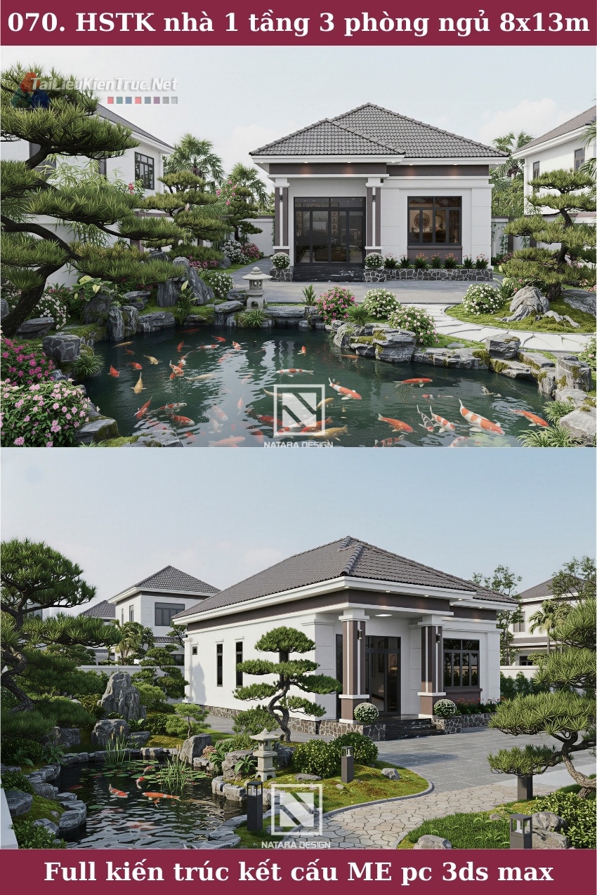 070. Hồ sơ thiết kế nhà vườn 1 tầng 3 phòng ngủ 8x13m full kiến trúc kết cấu điện nước và phối cảnh 3ds max