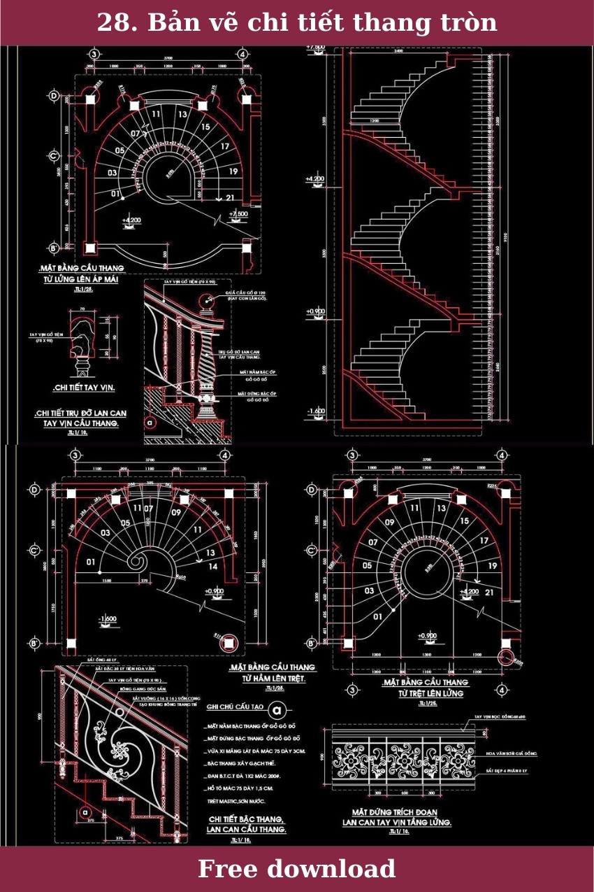 28. Bản vẽ chi tiết cầu thang tân cổ điển