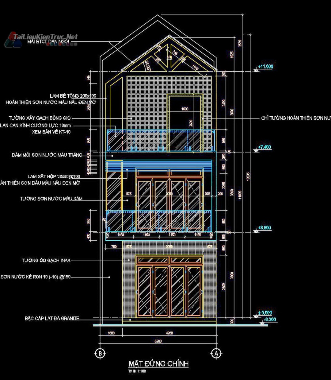 Hồ sơ thiết kế bản vẽ thi công nhà phố 3 tầng diện tích 5x14m 214 full kiến trúc, kết cấu, điện nước