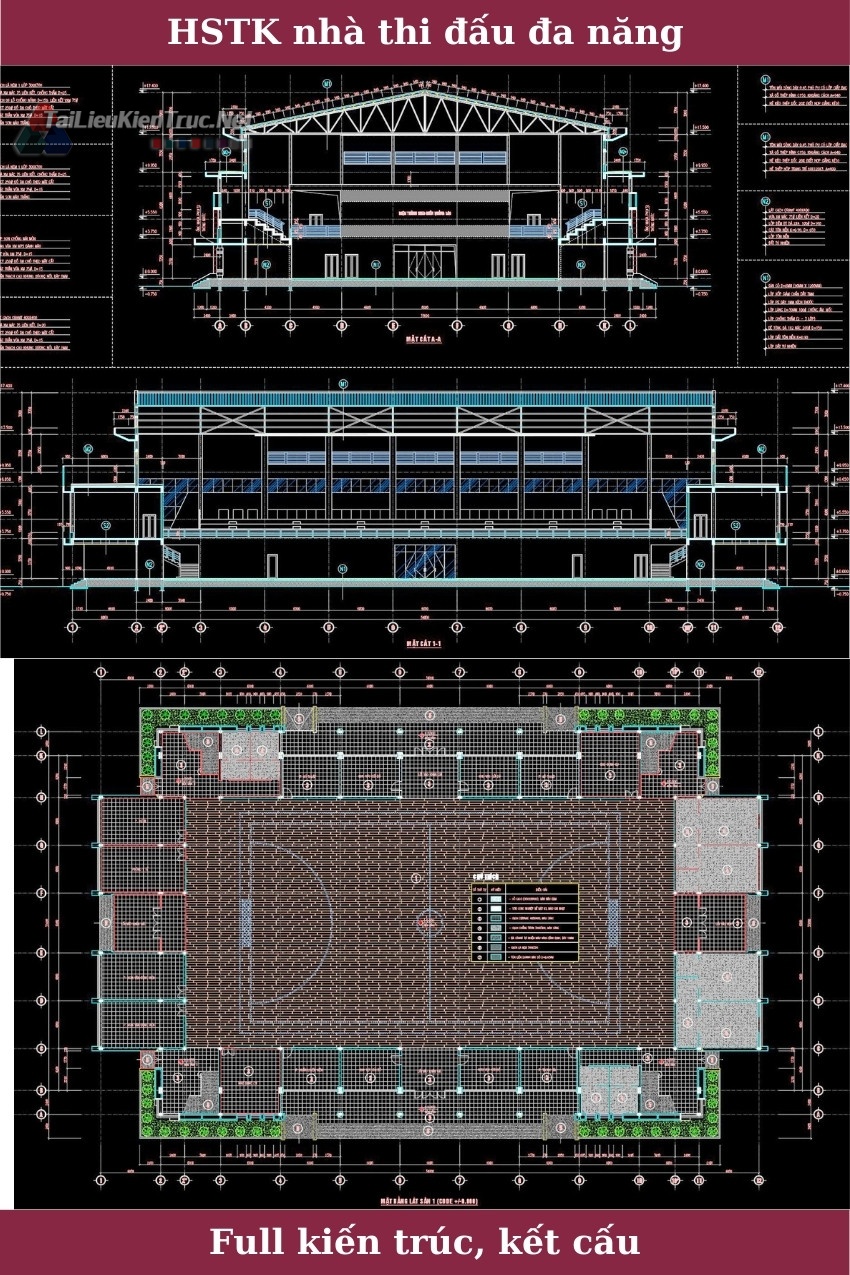 Hồ sơ thiết kế bản vẽ nhà thi đấu đa năng full kiến trúc, kết cấu