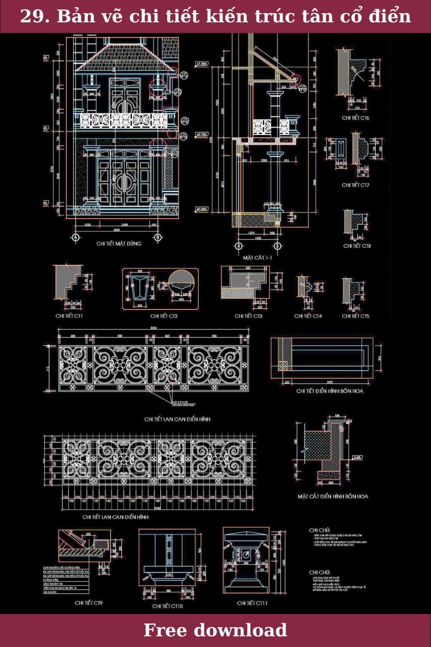 29. Bản vẽ chi tiết mặt đứng kiến trúc tân cổ điển