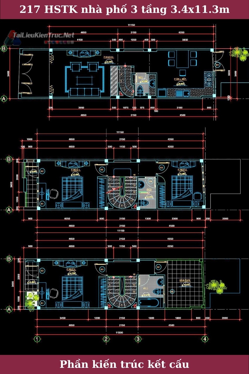 Hồ sơ thiết kế bản vẽ thi công nhà phố 3 tầng  diện tích 3.4x11.3m hiện đại 217 full kiến trúc, kết cấu