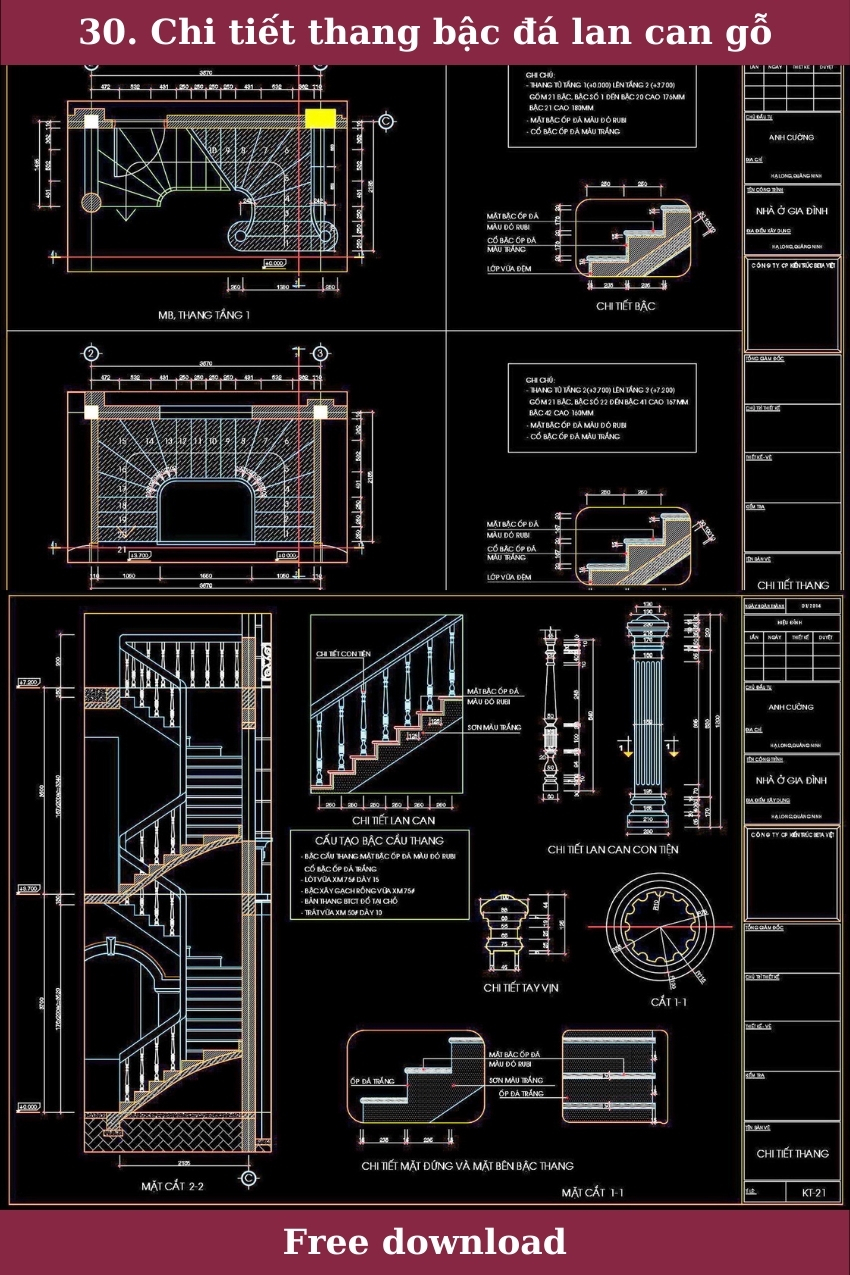 30. Bản vẽ chi tiết thang bậc đá lan can gỗ