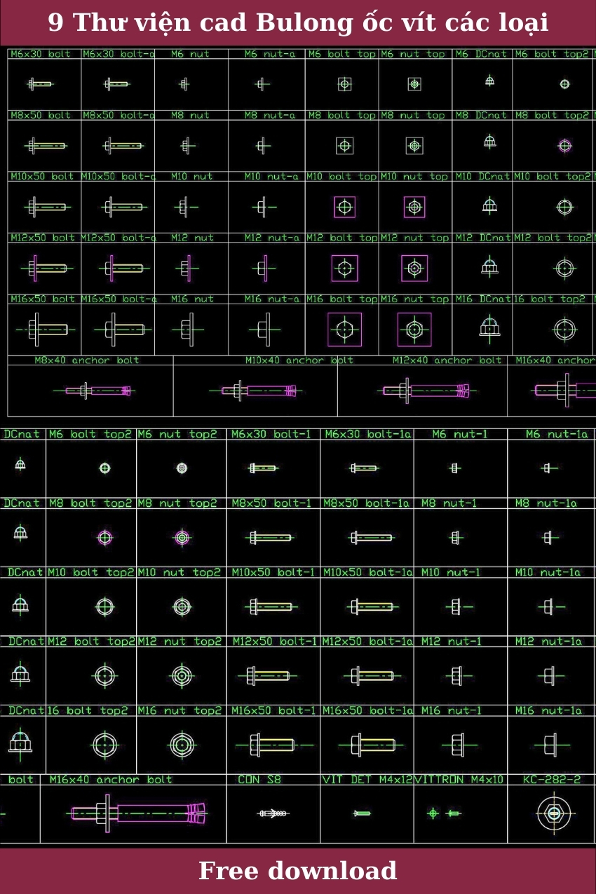 9. Thư viện Cad Bulong ốc vít các loại