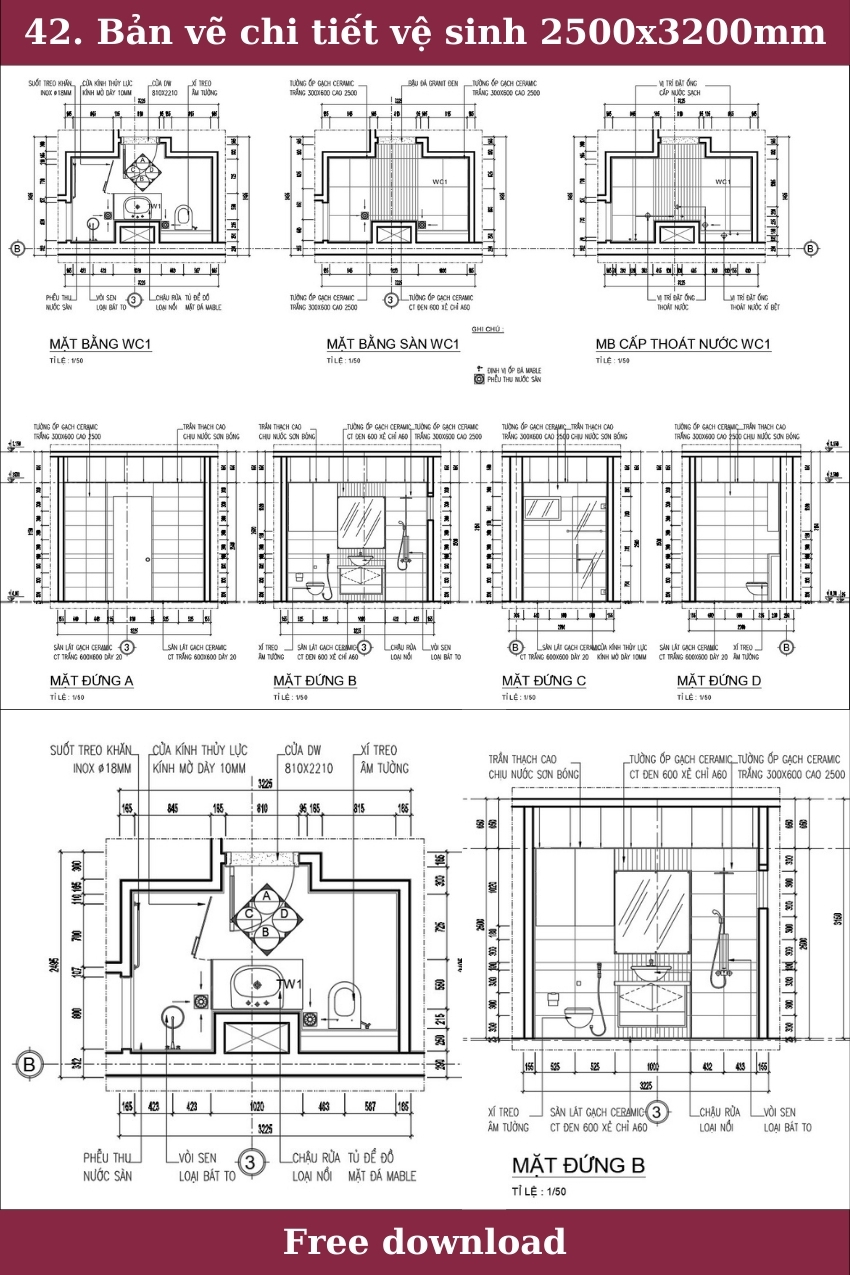 42. Bản vẽ chi tiết vệ sinh 2500x3200mm