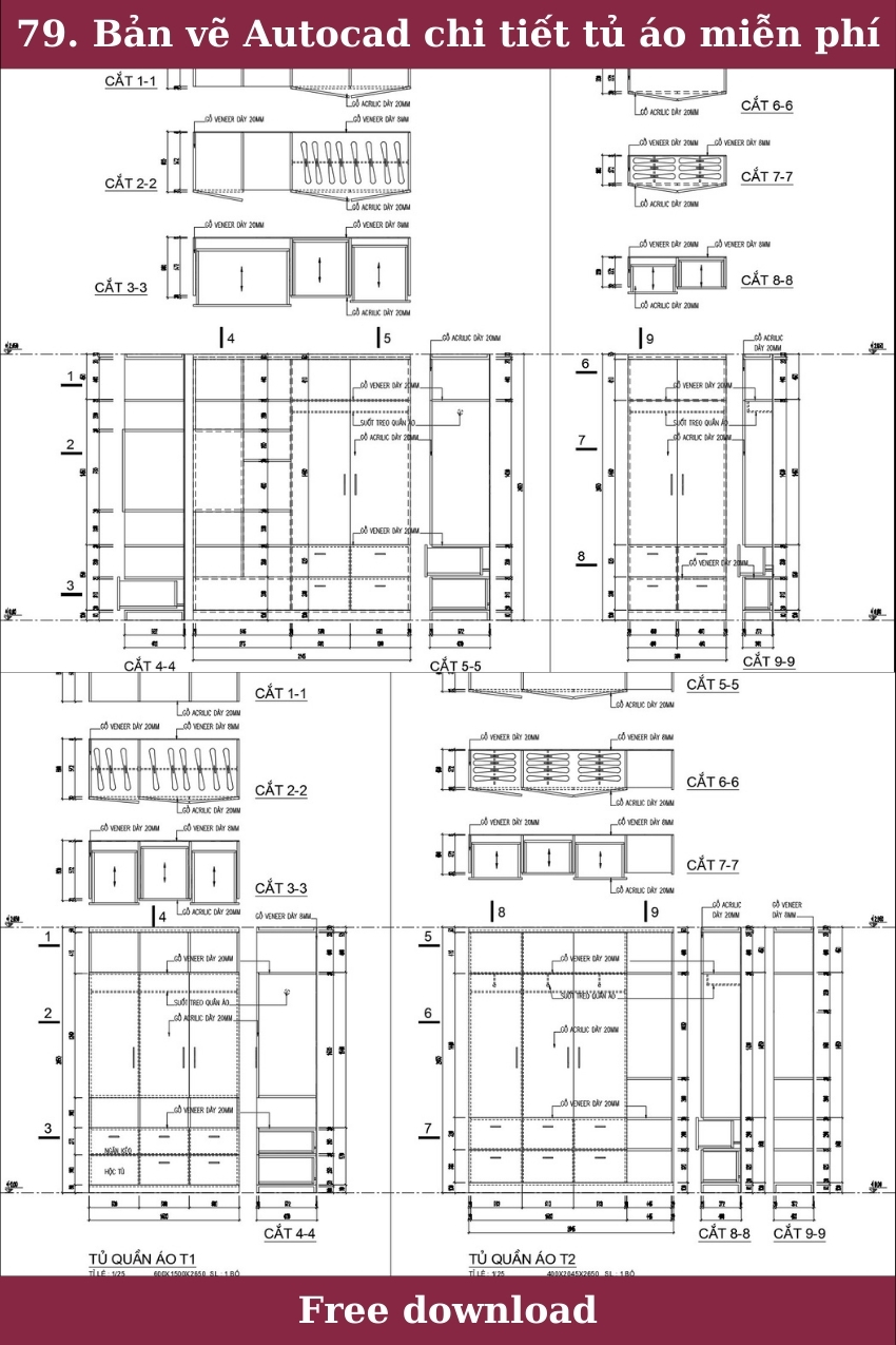79. Bản vẽ Autocad chi tiết tủ áo miễn phí
