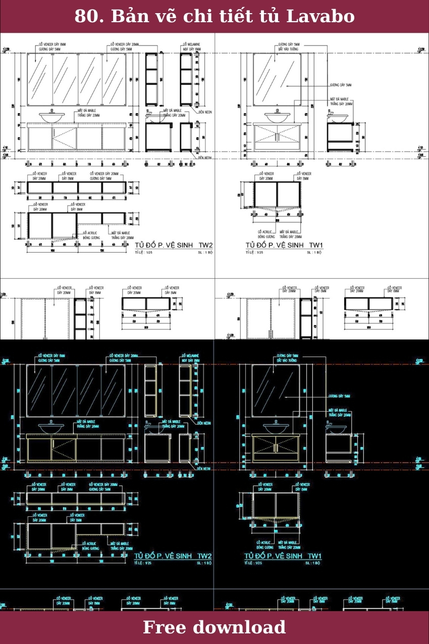 80. Bản vẽ chi tiết tủ Lavabo