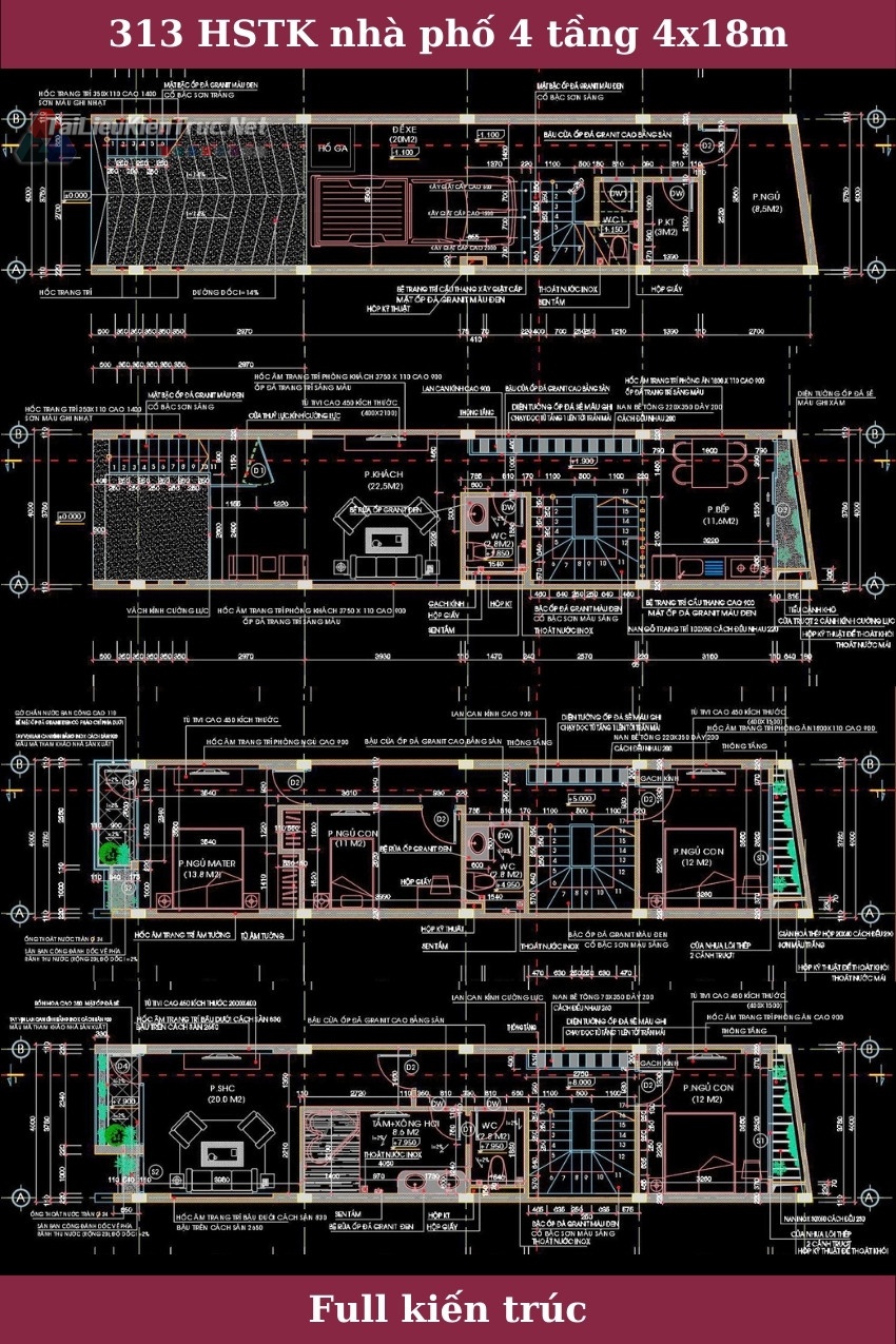 313. Hồ sơ thiết kế nhà phố 4 tầng 4x18m full kiến trúc