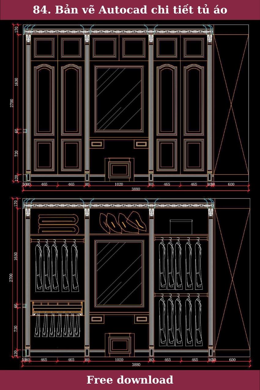 84. Bản vẽ Autocad chi tiết tủ áo miễn phí