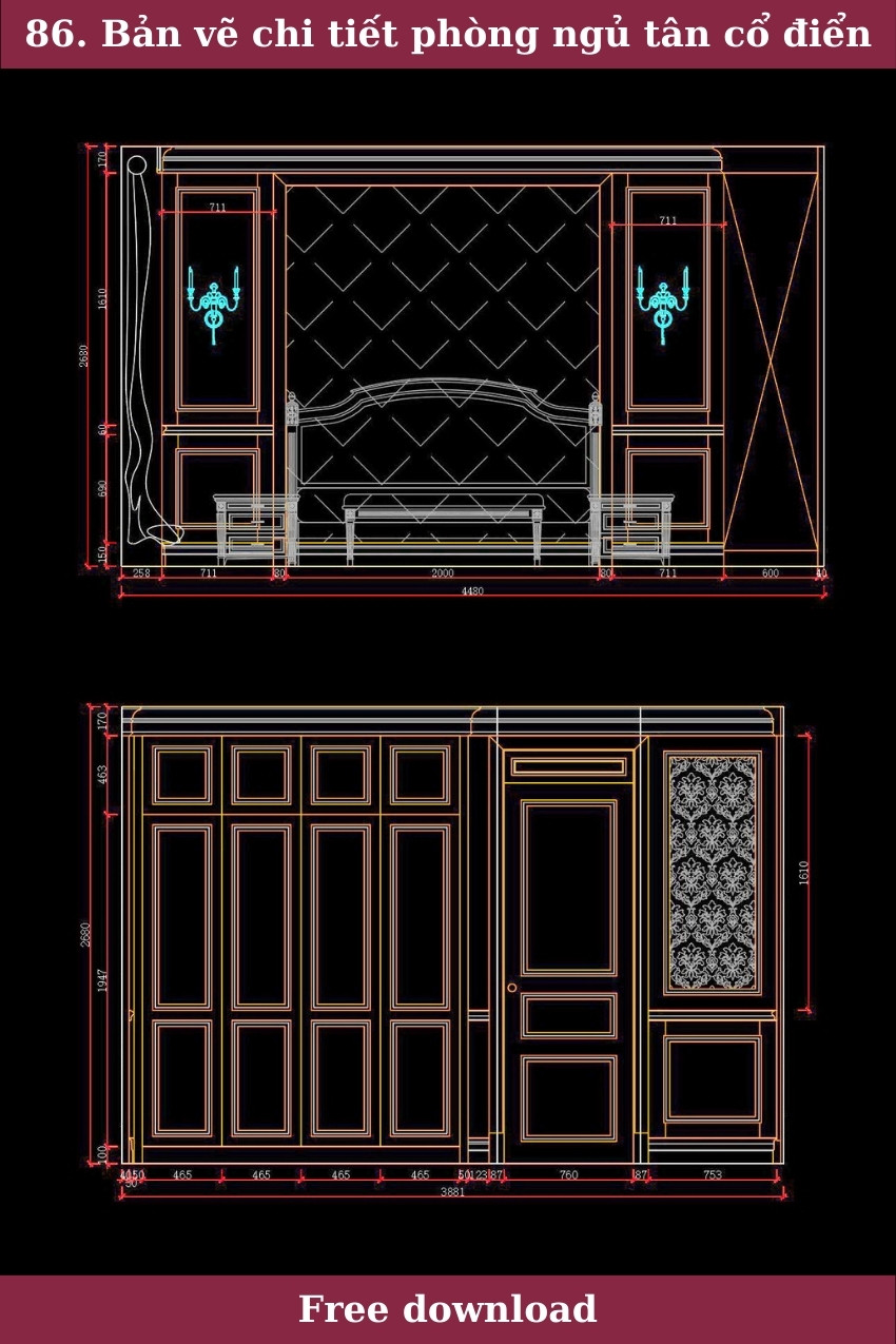 86. Bản vẽ chi tiết phòng ngủ tân cổ điển
