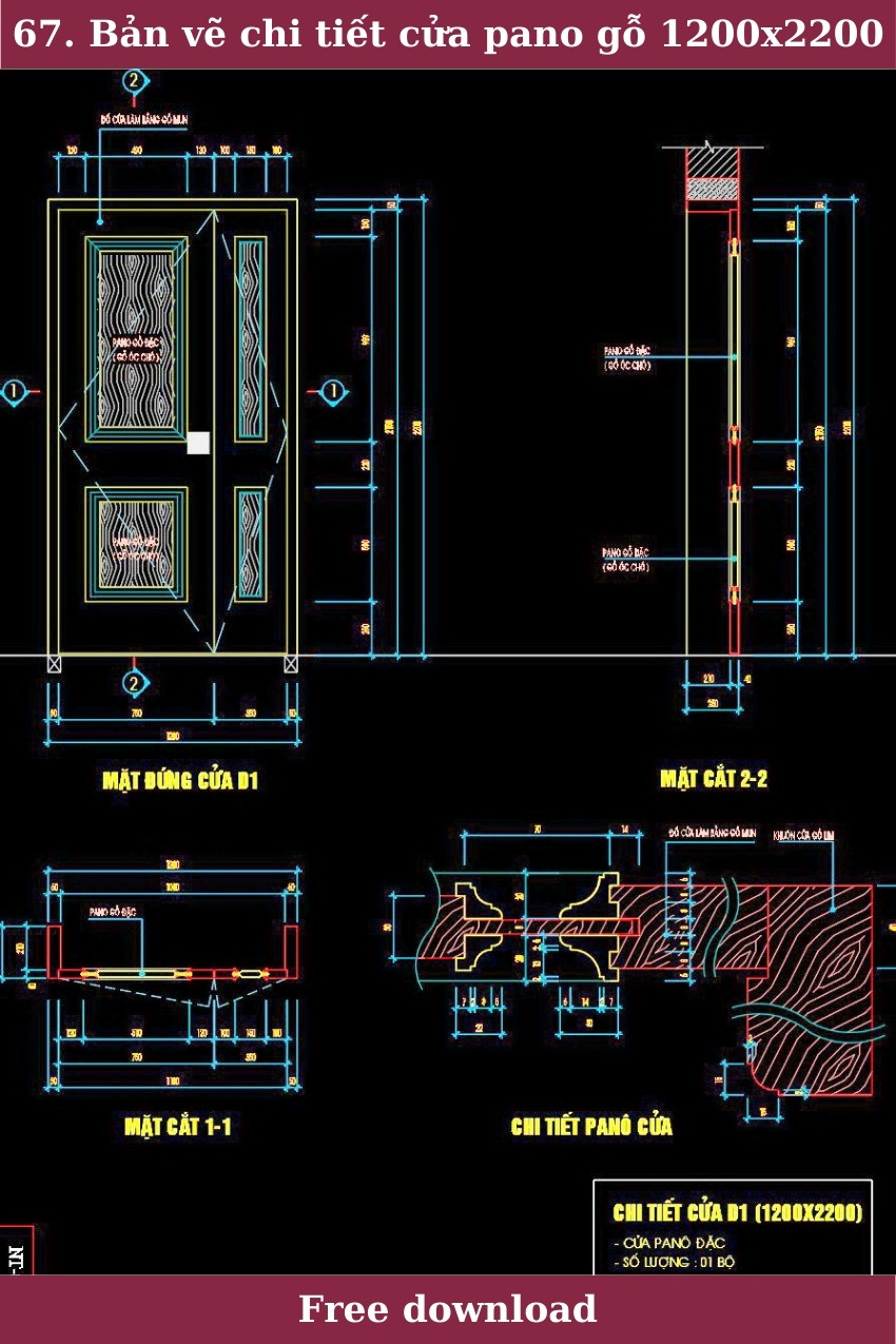 67. Bản vẽ chi tiết cửa pano gỗ 1200x2200mm