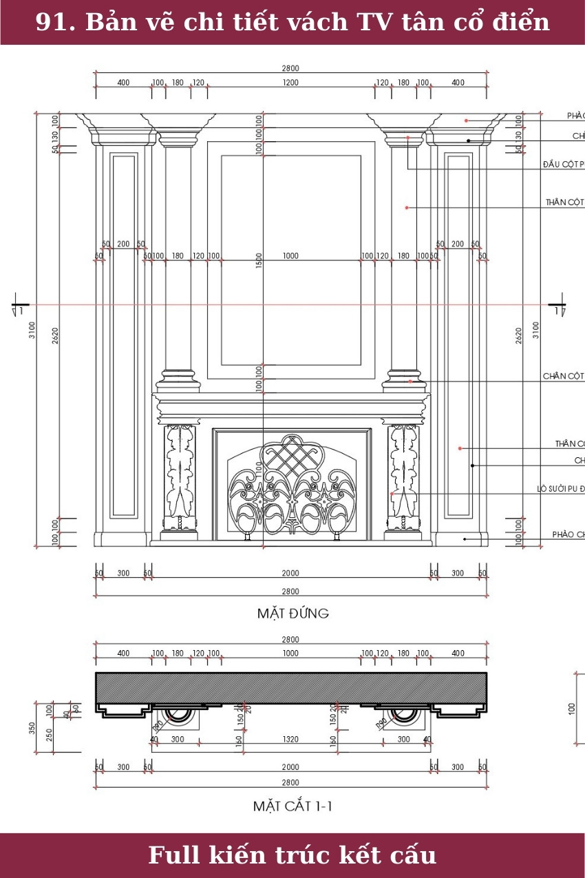 91. Bản vẽ chi tiết vách TV tân cổ điển