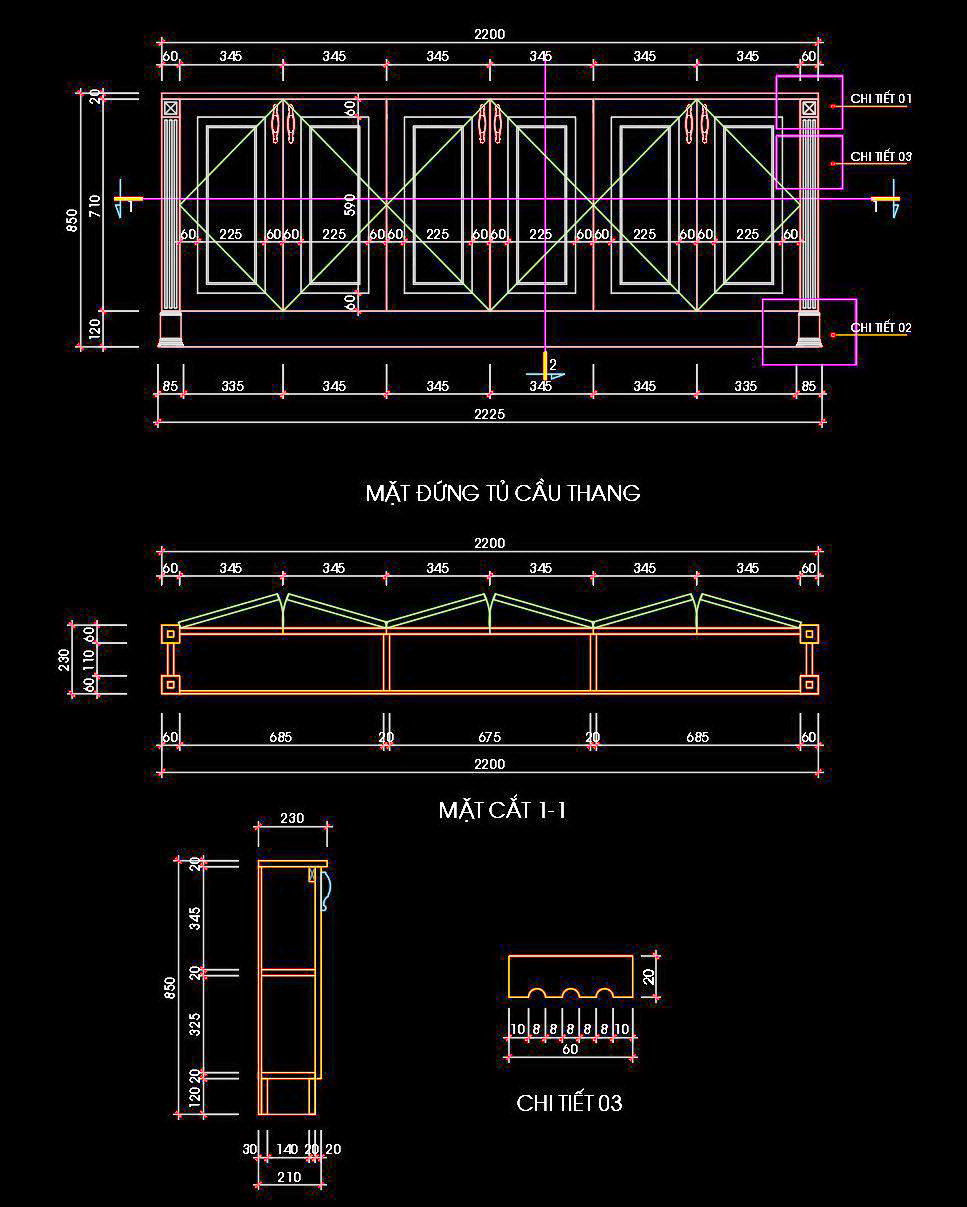 107. Bản vẽ chi tiết tủ cầu thang
