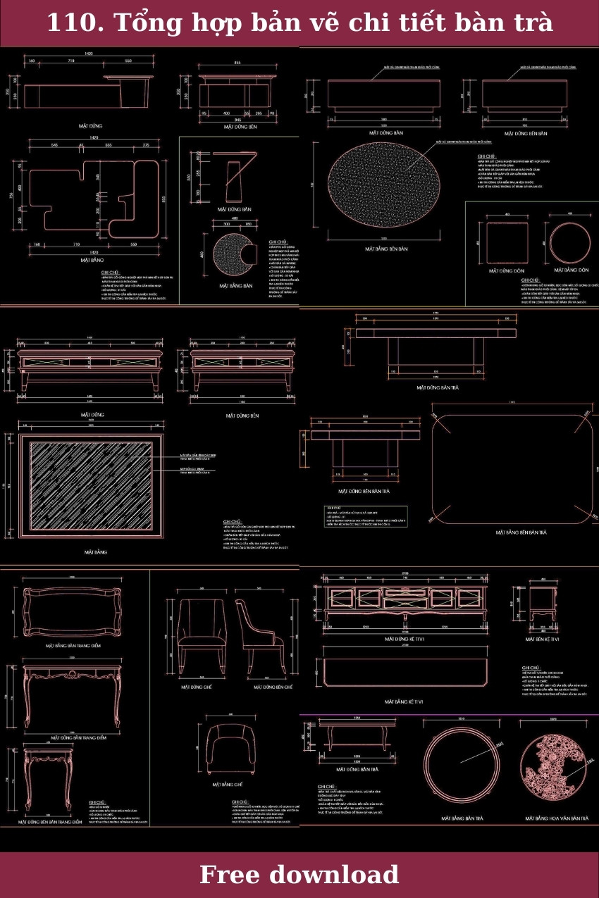 110. Tổng hợp bản vẽ chi tiết bàn trà các loại