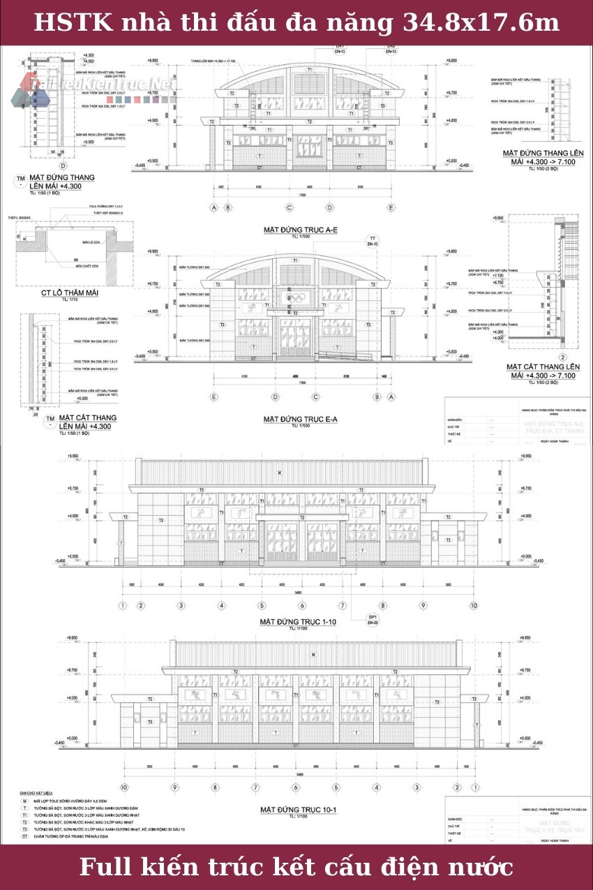 Hồ sơ thiết kế nhà thi đấu đa năng 34.8x17.6m full kiến trúc kết cấu điện nước