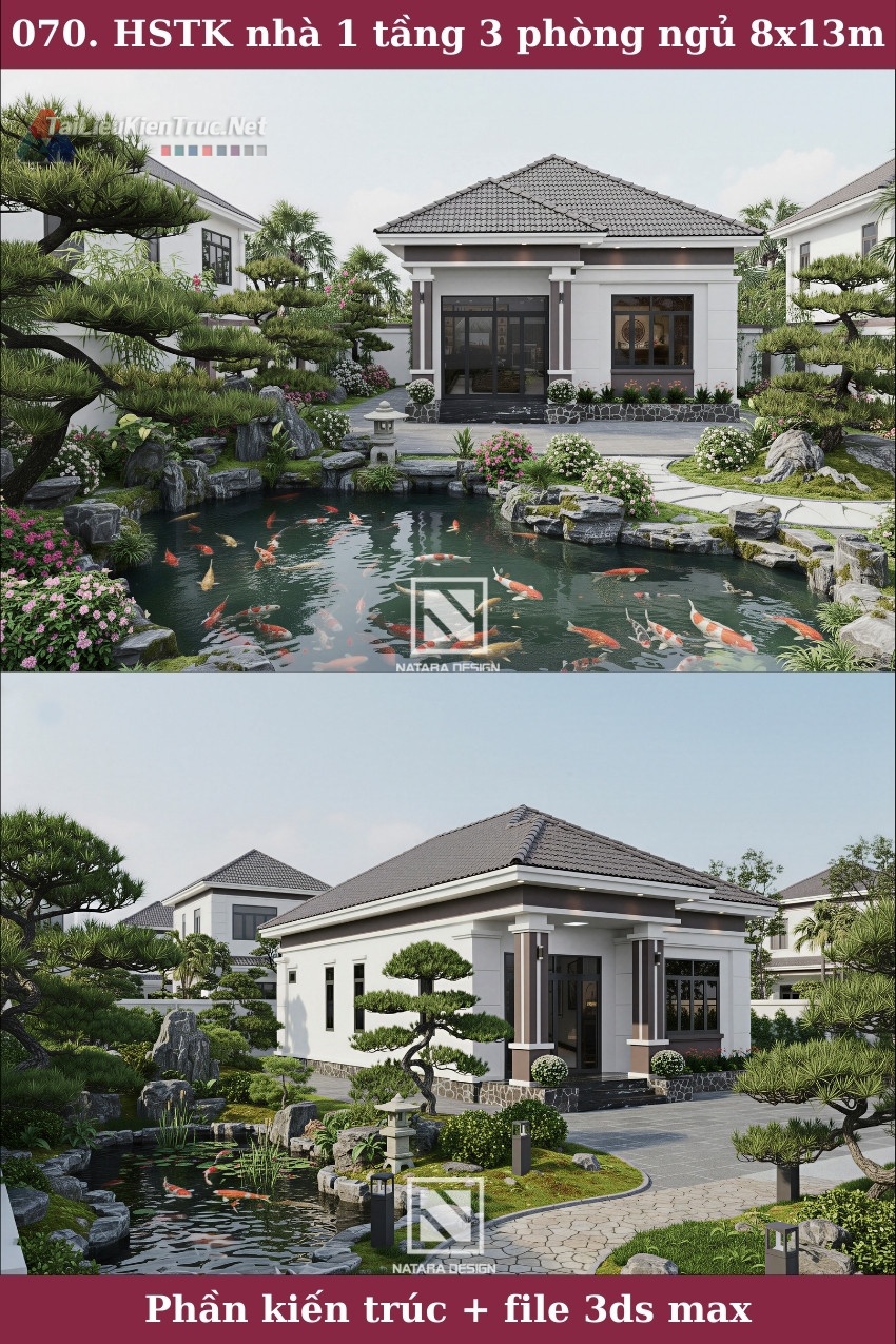 070. Hồ sơ thiết kế nhà vườn 1 tầng 3 phòng ngủ 8x13m full kiến trúc và phối cảnh 3ds max