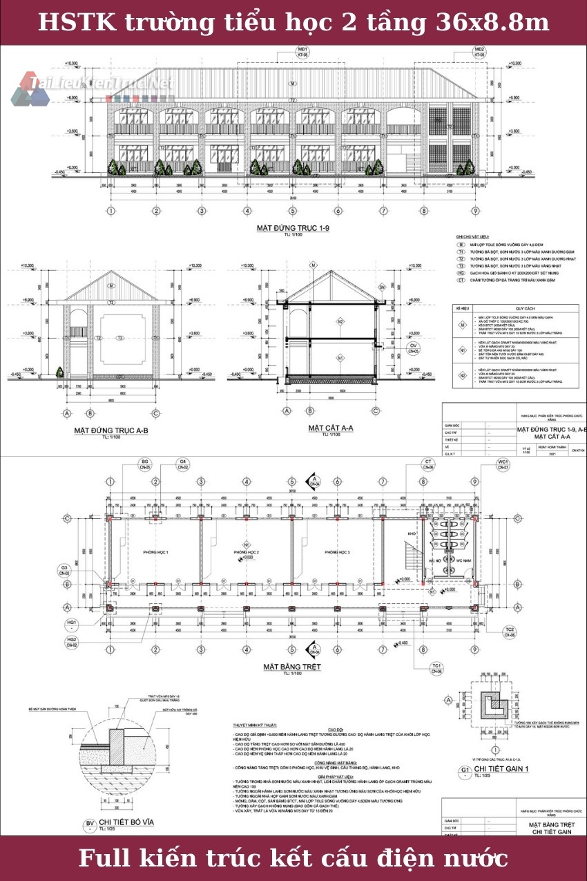 60. Hồ sơ thiết kế trường tiểu học 2 tầng 36x8.8m full kiến trúc kết cấu điện nước