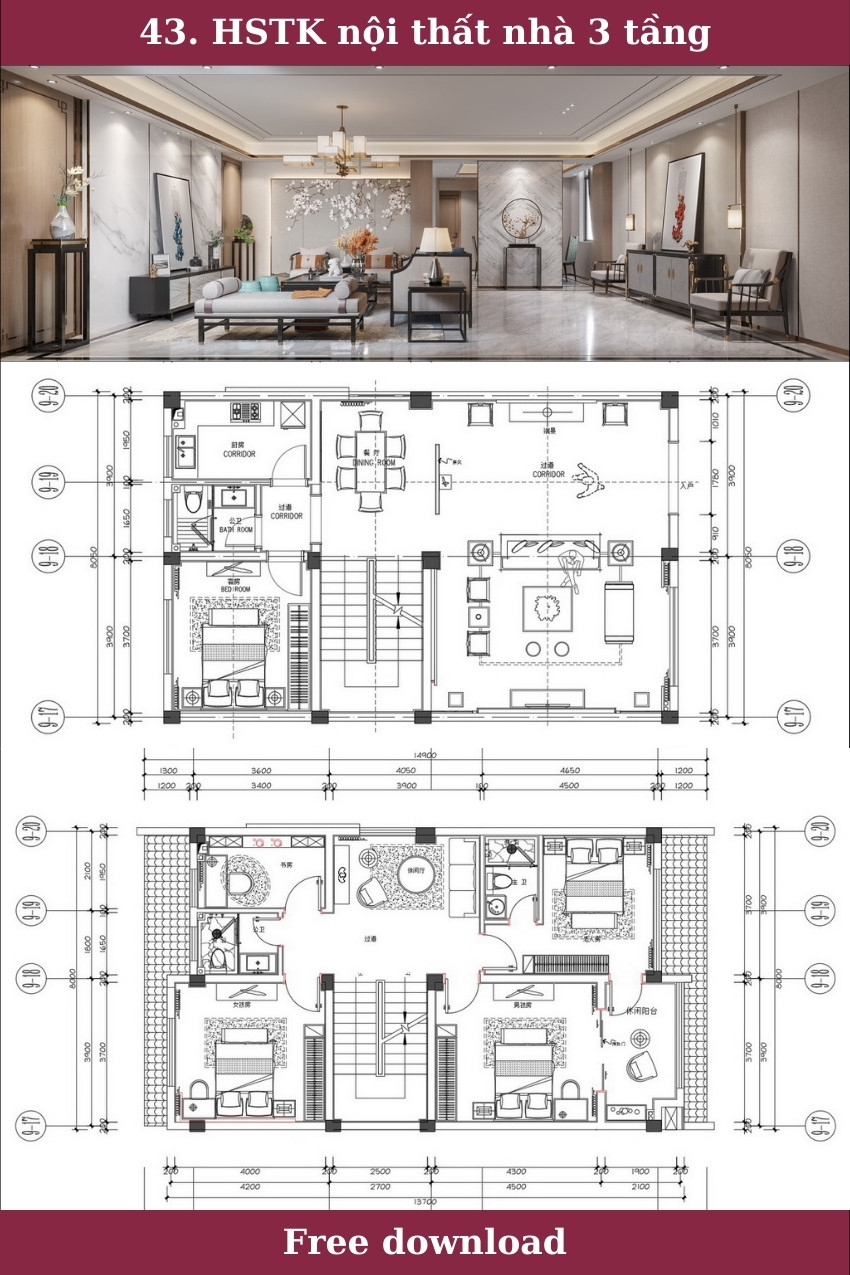 43. Hồ sơ thiết kế nội thất nhà 3 tầng full chi tiết Autocad