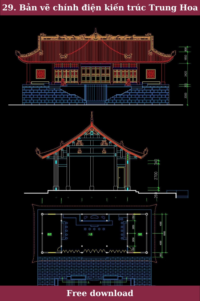29. Bản vẽ chính điện mái chồng diêm kiến trúc Trung Hoa