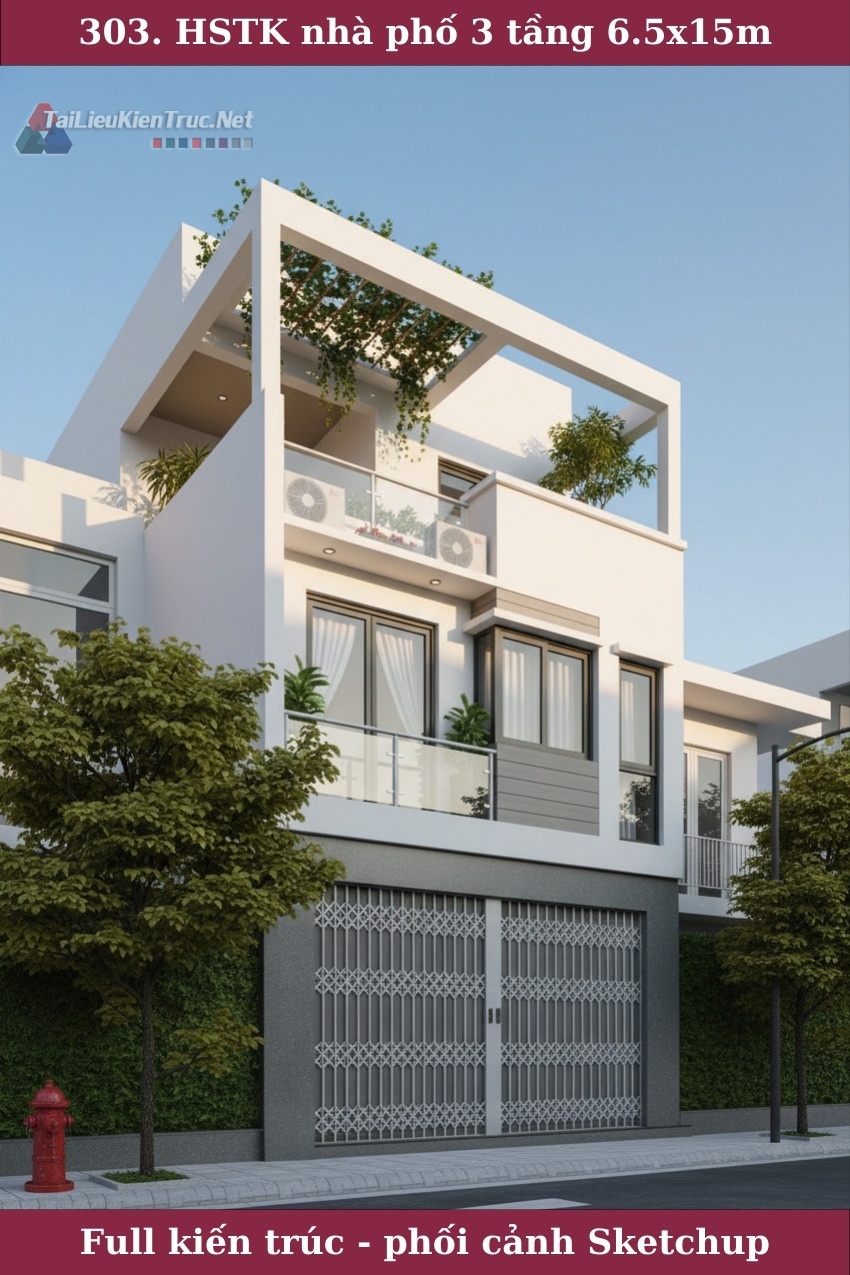 303. Hồ sơ thiết kế nhà phố 3 tầng 6.5x15m full kiến trúc phối cảnh SketchUp