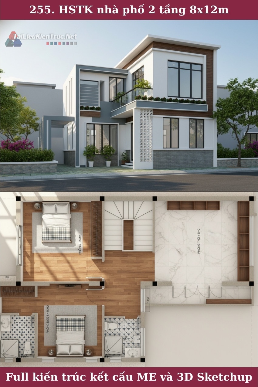 255. Hồ sơ thiết kế biệt thự 2 tầng hiện đại full kiến trúc kết cấu điện nước sketchup